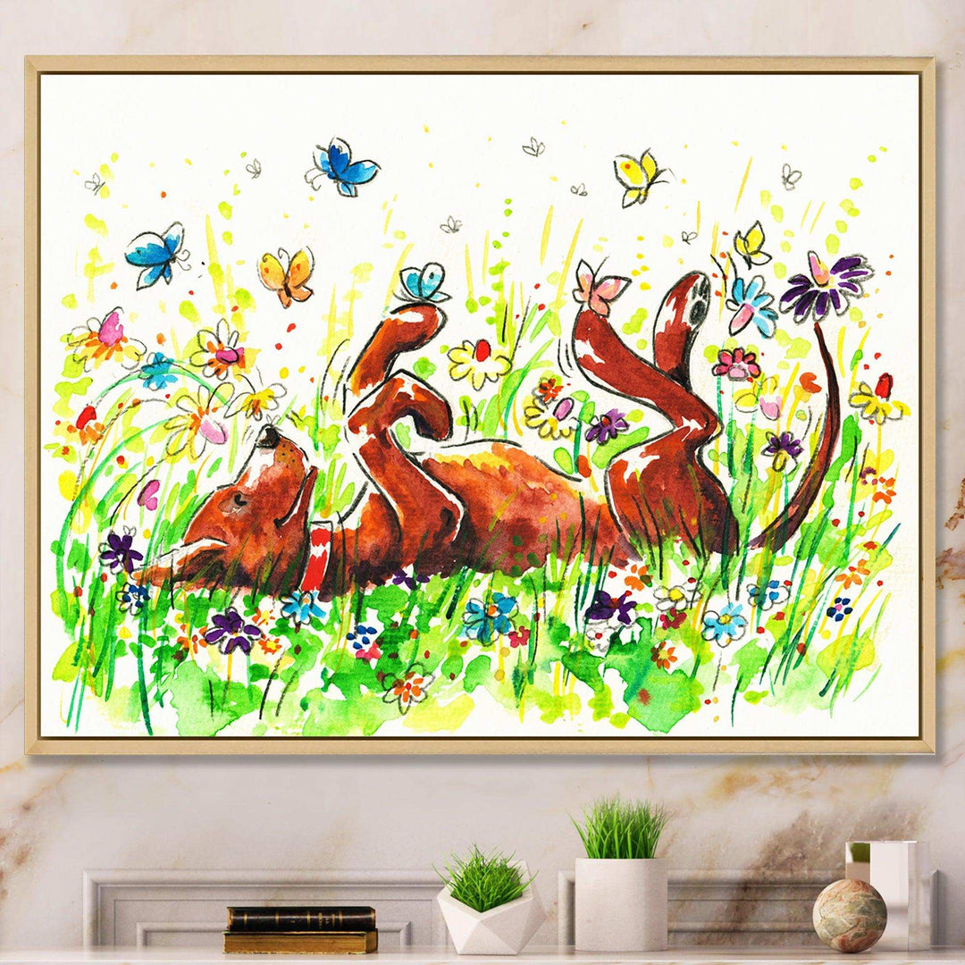 Happy Brown dog with Flowers and Butterfly