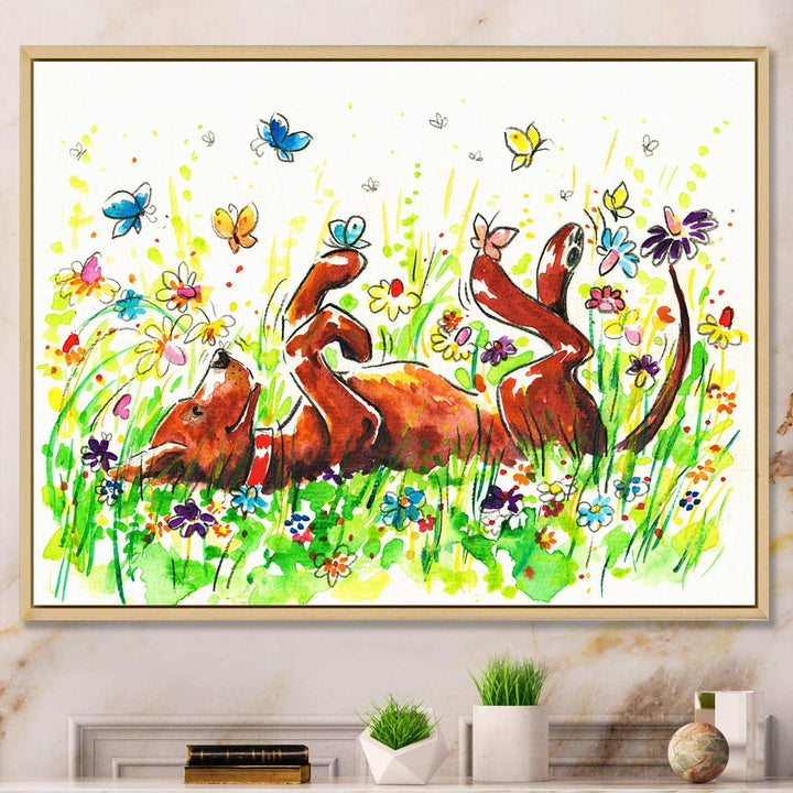 Happy Brown dog with Flowers and Butterfly