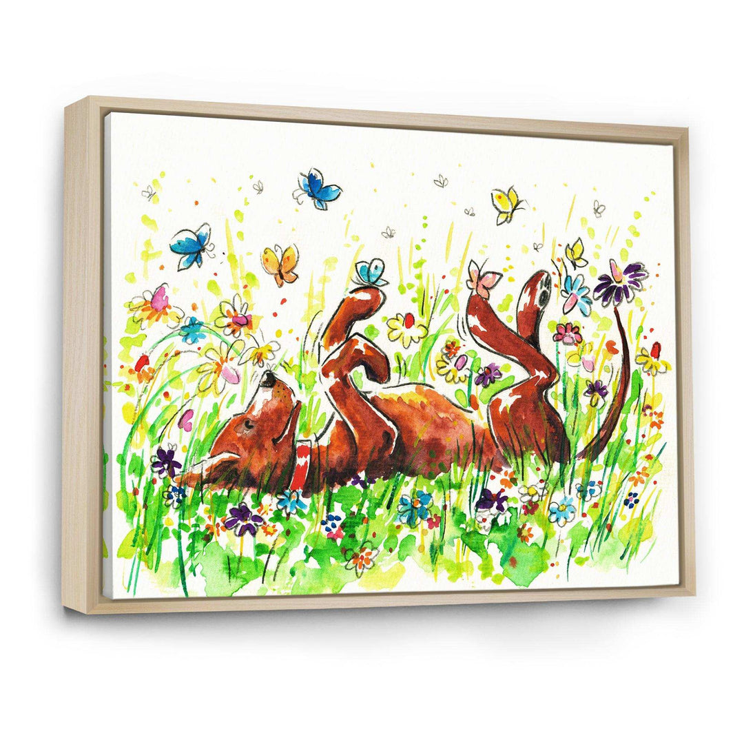 Happy Brown dog with Flowers and Butterfly