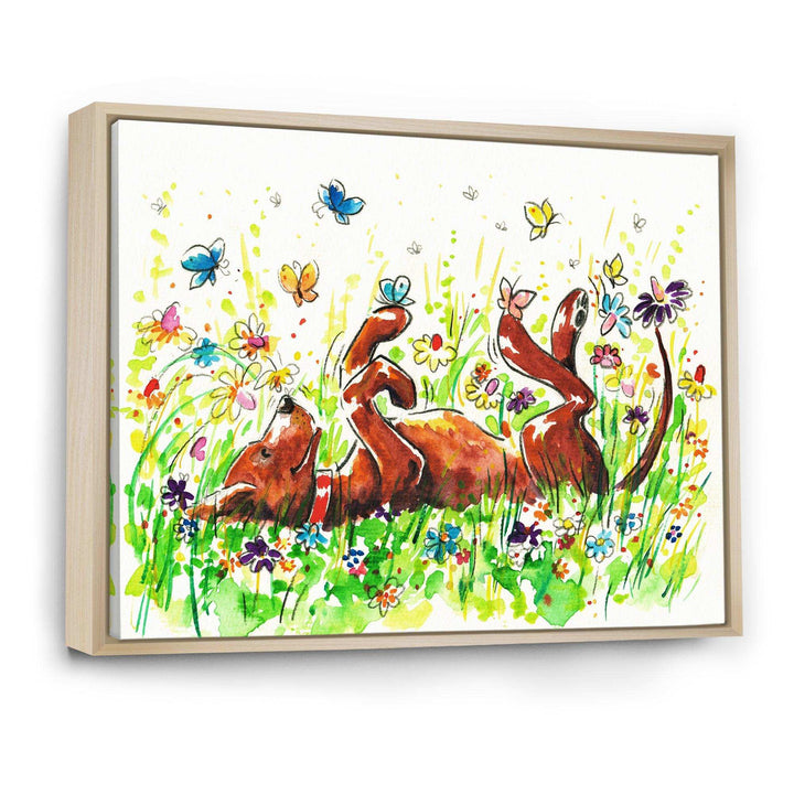 Happy Brown dog with Flowers and Butterfly