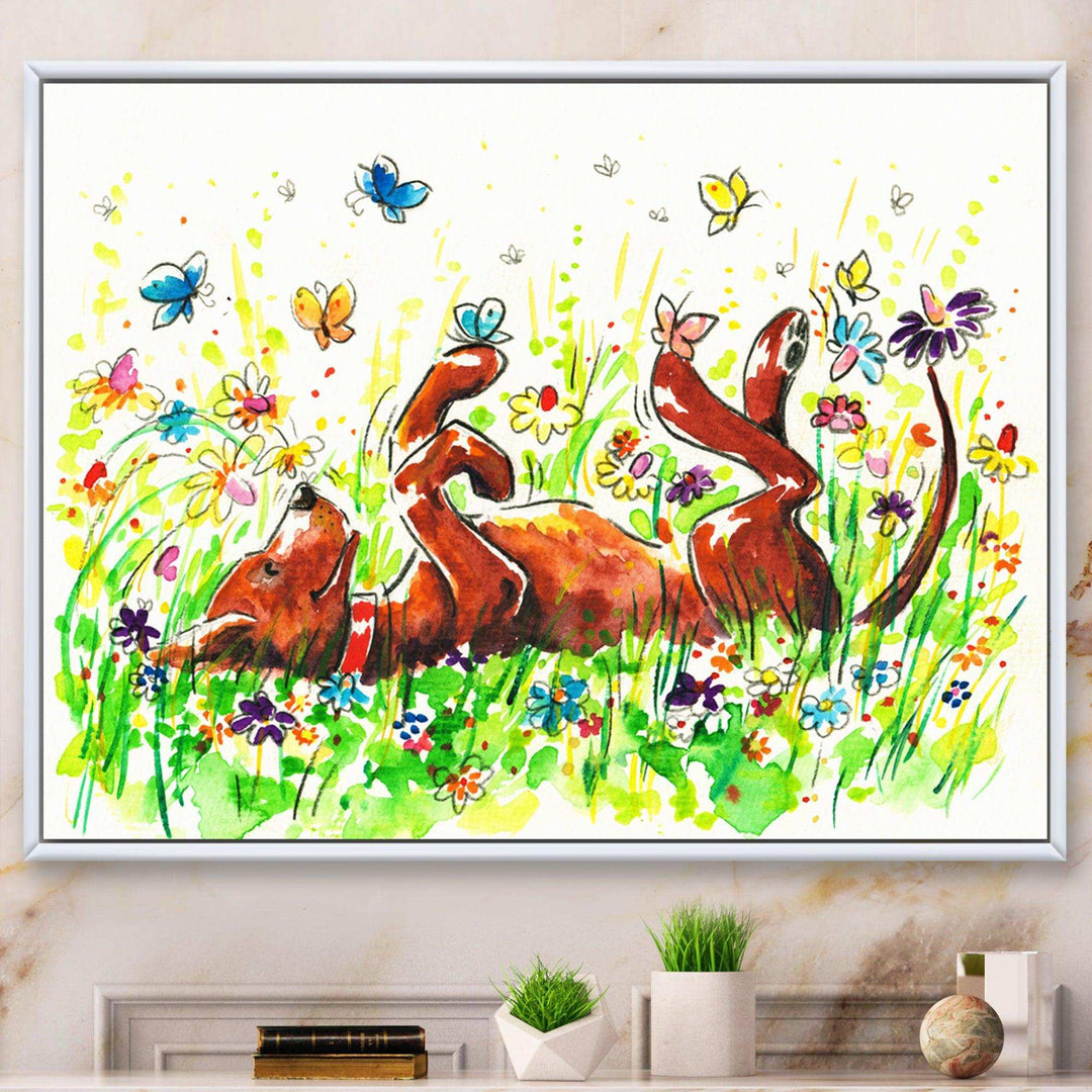 Happy Brown dog with Flowers and Butterfly