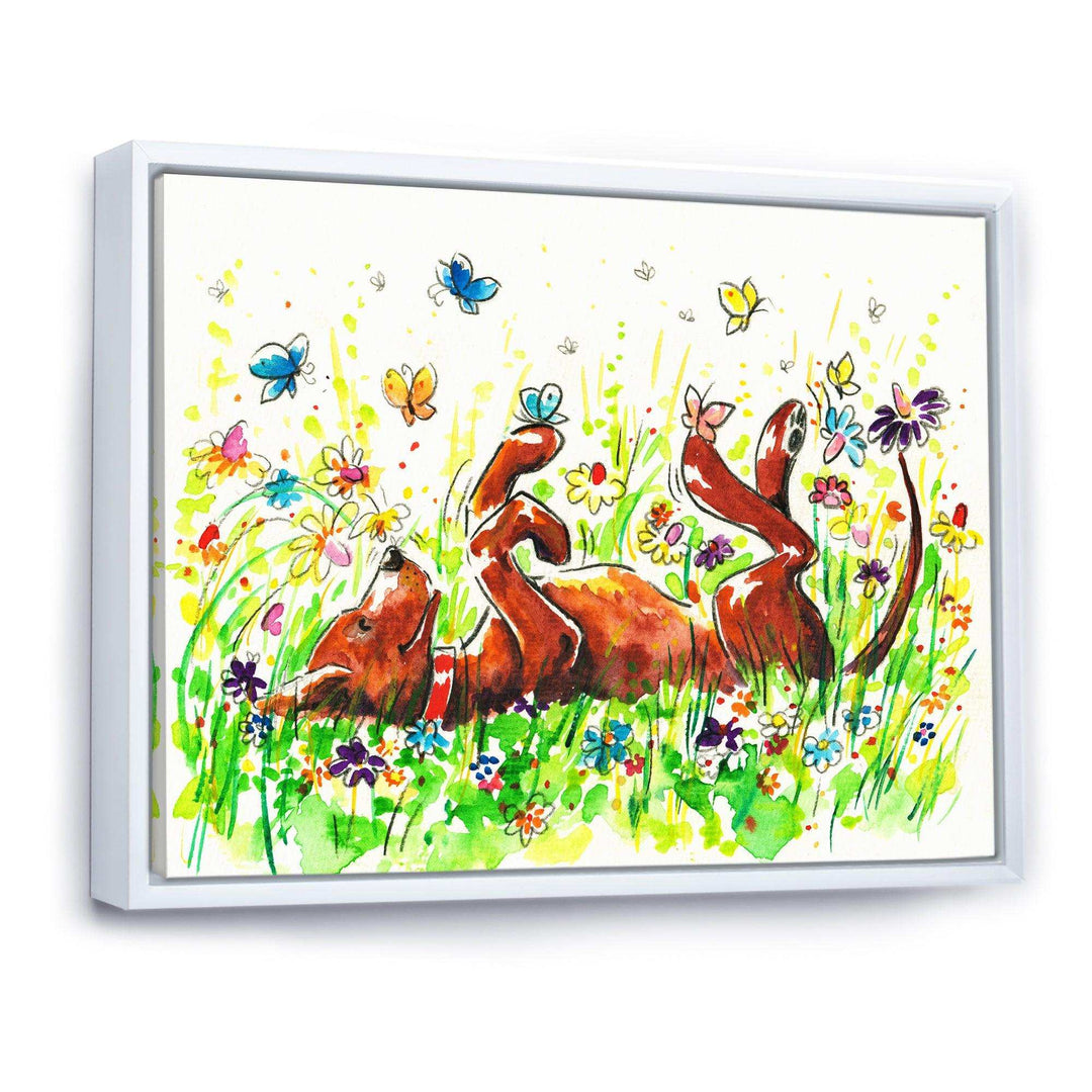 Happy Brown dog with Flowers and Butterfly