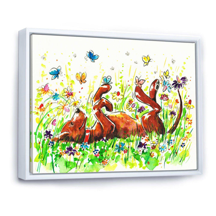 Happy Brown dog with Flowers and Butterfly