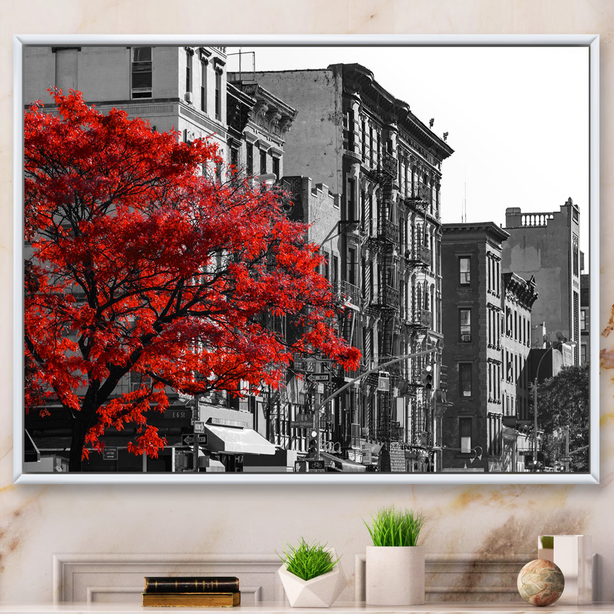 Red Tree on Black and White New York City Street – IDesignart