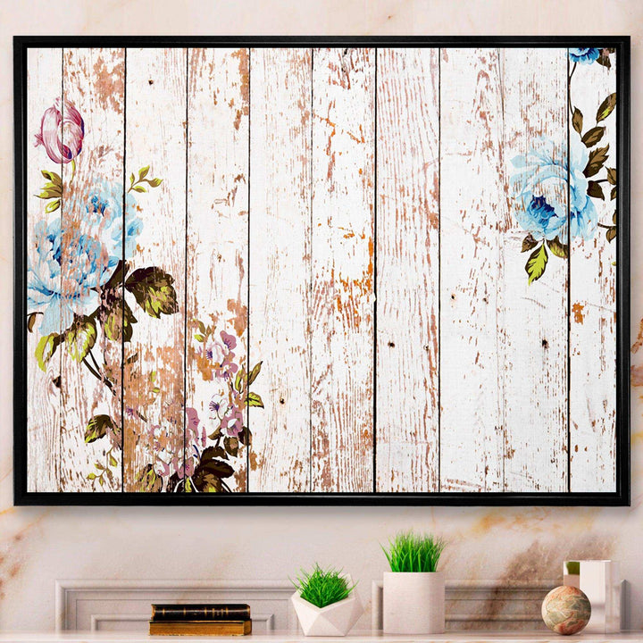 Shabby chic roses on wooden texture - Farmhouse Canvas Wall Art
