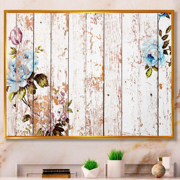 Shabby chic roses on wooden texture - Farmhouse Canvas Wall Art