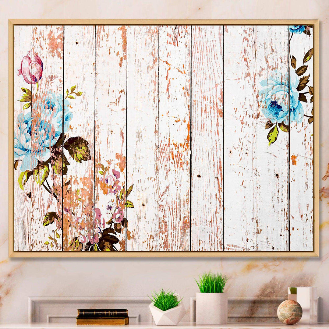 Shabby chic roses on wooden texture - Farmhouse Canvas Wall Art