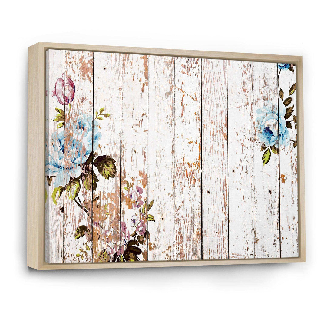 Shabby chic roses on wooden texture - Farmhouse Canvas Wall Art