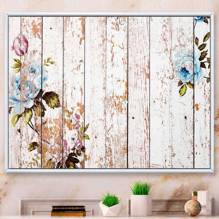 Shabby chic roses on wooden texture - Farmhouse Canvas Wall Art
