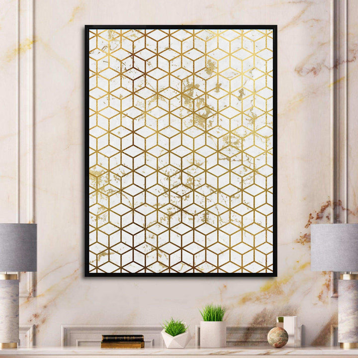 Yello and Golden Geometric Cubes - Modern Wall Art Prints
