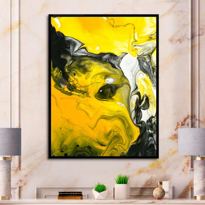 Yellow, White and Black Marbled Acrylic - Modern Canvas Wall Art