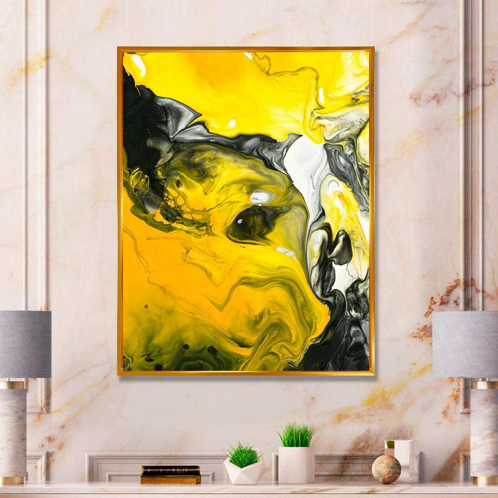 Yellow, White and Black Marbled Acrylic - Modern Canvas Wall Art