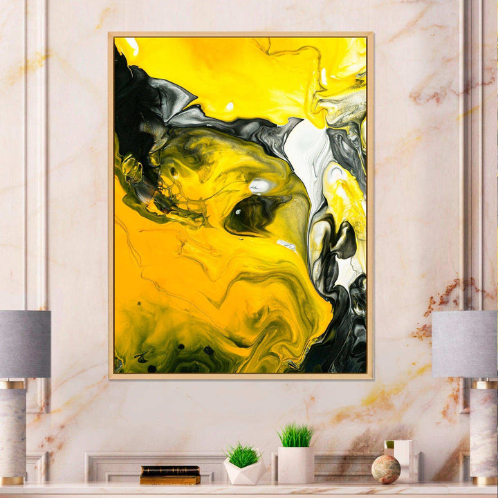 Yellow, White and Black Marbled Acrylic - Modern Canvas Wall Art