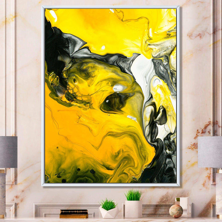 Yellow, White and Black Marbled Acrylic - Modern Canvas Wall Art