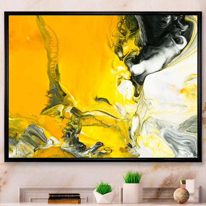 White and Yellow Marbled Acrylic with a cloud of Black - Modern Bedroom Wall Art