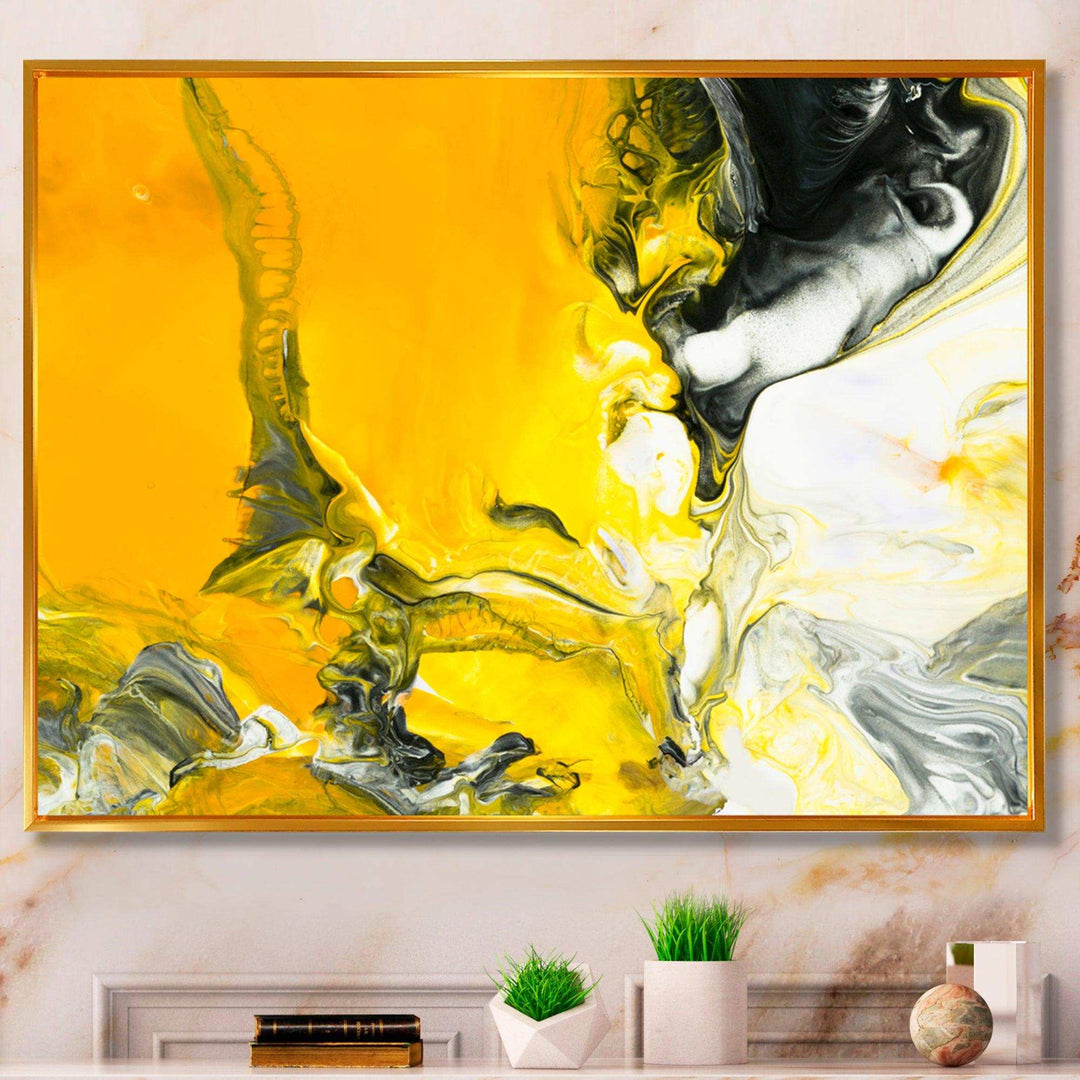 White and Yellow Marbled Acrylic with a cloud of Black - Modern Bedroom Wall Art