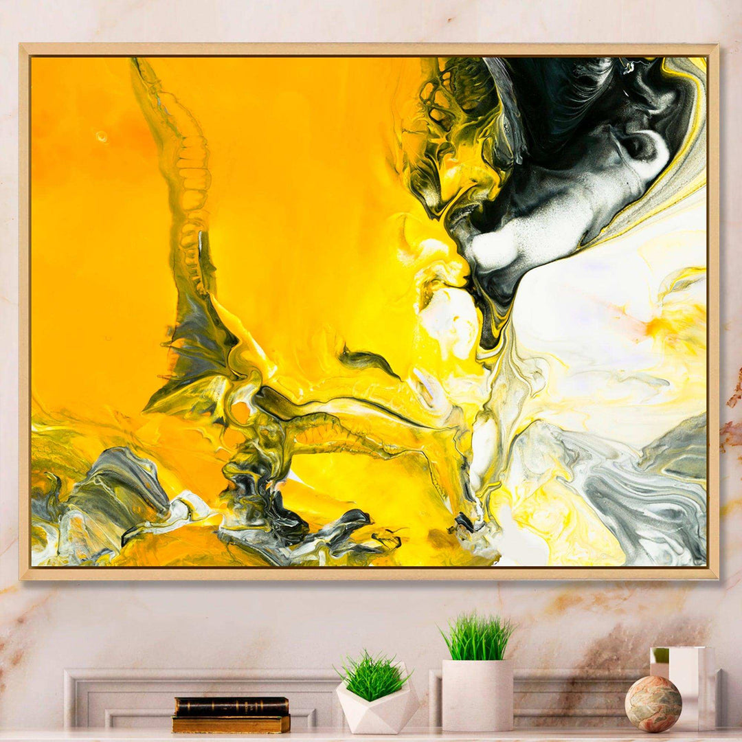 White and Yellow Marbled Acrylic with a cloud of Black - Modern Bedroom Wall Art