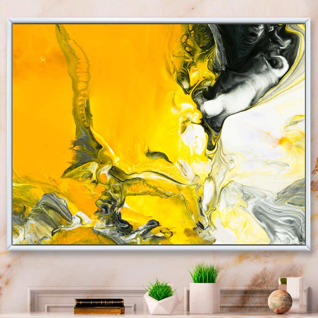 White and Yellow Marbled Acrylic with a cloud of Black - Modern Bedroom Wall Art