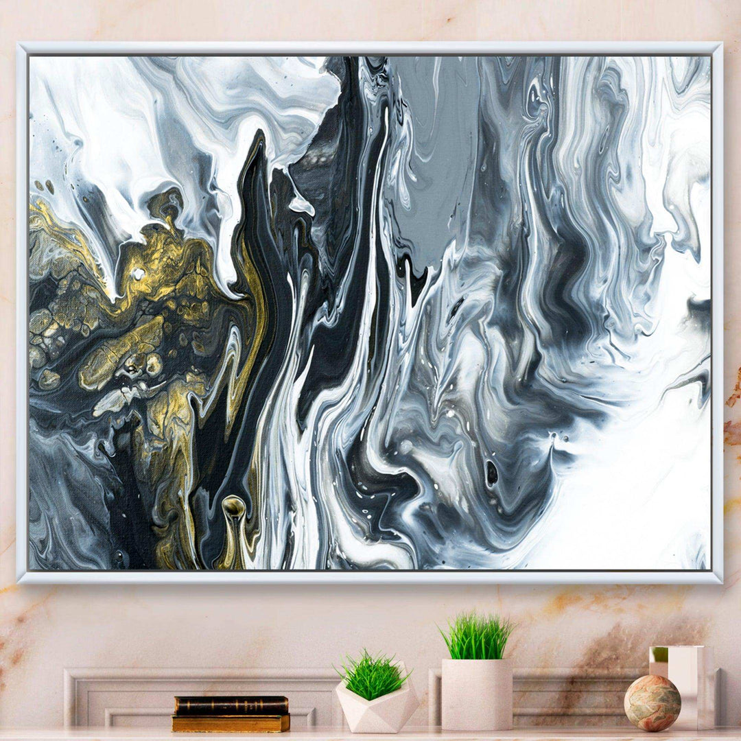 White, grey and White Hand Painted Marble Acrylic - Mid-Century Modern Bedroom Wall Art