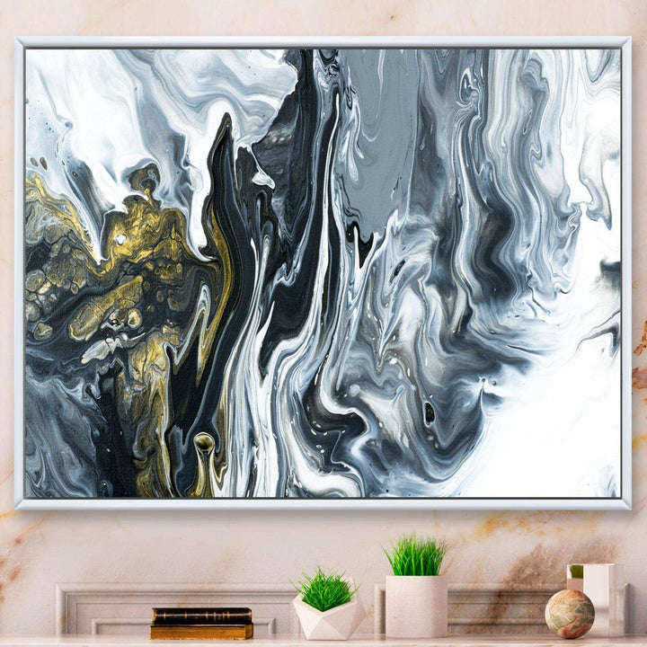 White, grey and White Hand Painted Marble Acrylic - Mid-Century Modern Bedroom Wall Art