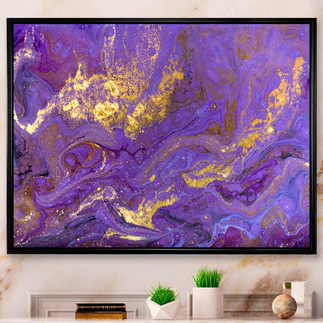 Gold And Purple Marbled Rippled Texture I - Modern Bedroom Wall Art