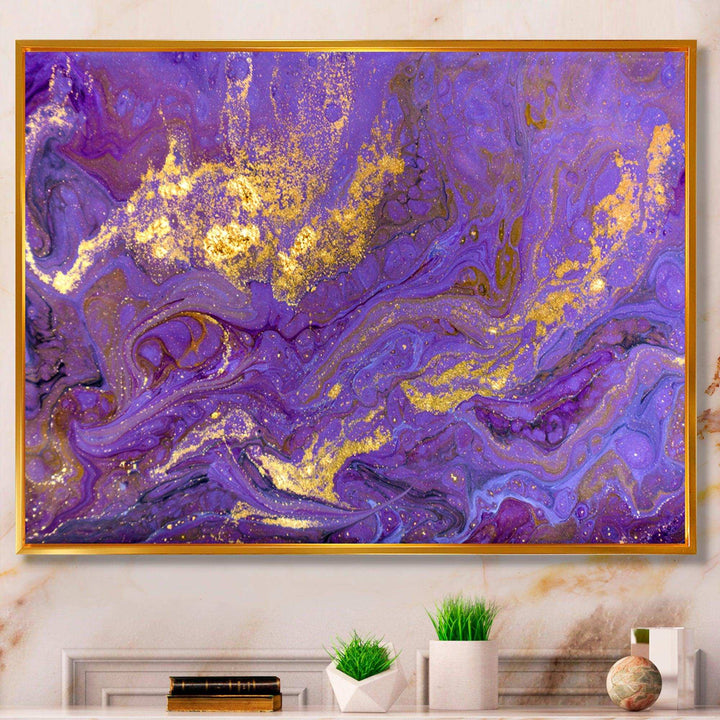 Gold And Purple Marbled Rippled Texture I - Modern Bedroom Wall Art