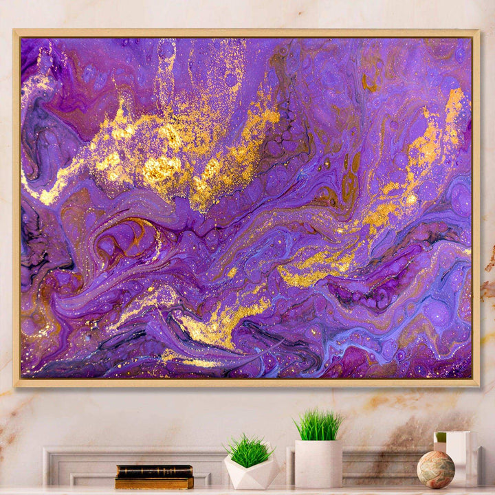 Gold And Purple Marbled Rippled Texture I - Modern Bedroom Wall Art