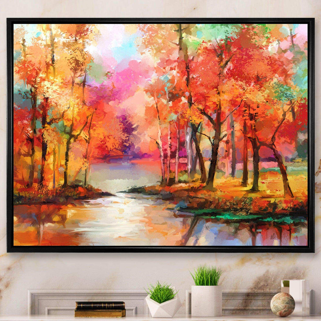 Autumn Aspen Trees In Red Leaf Forest By Lake - Modern Living Room Wall Decor