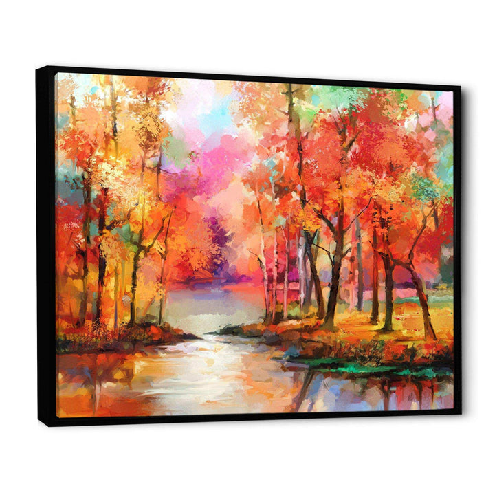 Autumn Aspen Trees In Red Leaf Forest By Lake - Modern Living Room Wall Decor
