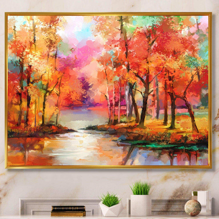 Autumn Aspen Trees In Red Leaf Forest By Lake - Modern Living Room Wall Decor