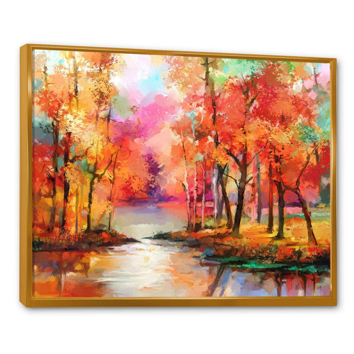 Autumn Aspen Trees In Red Leaf Forest By Lake - Modern Living Room Wall Decor