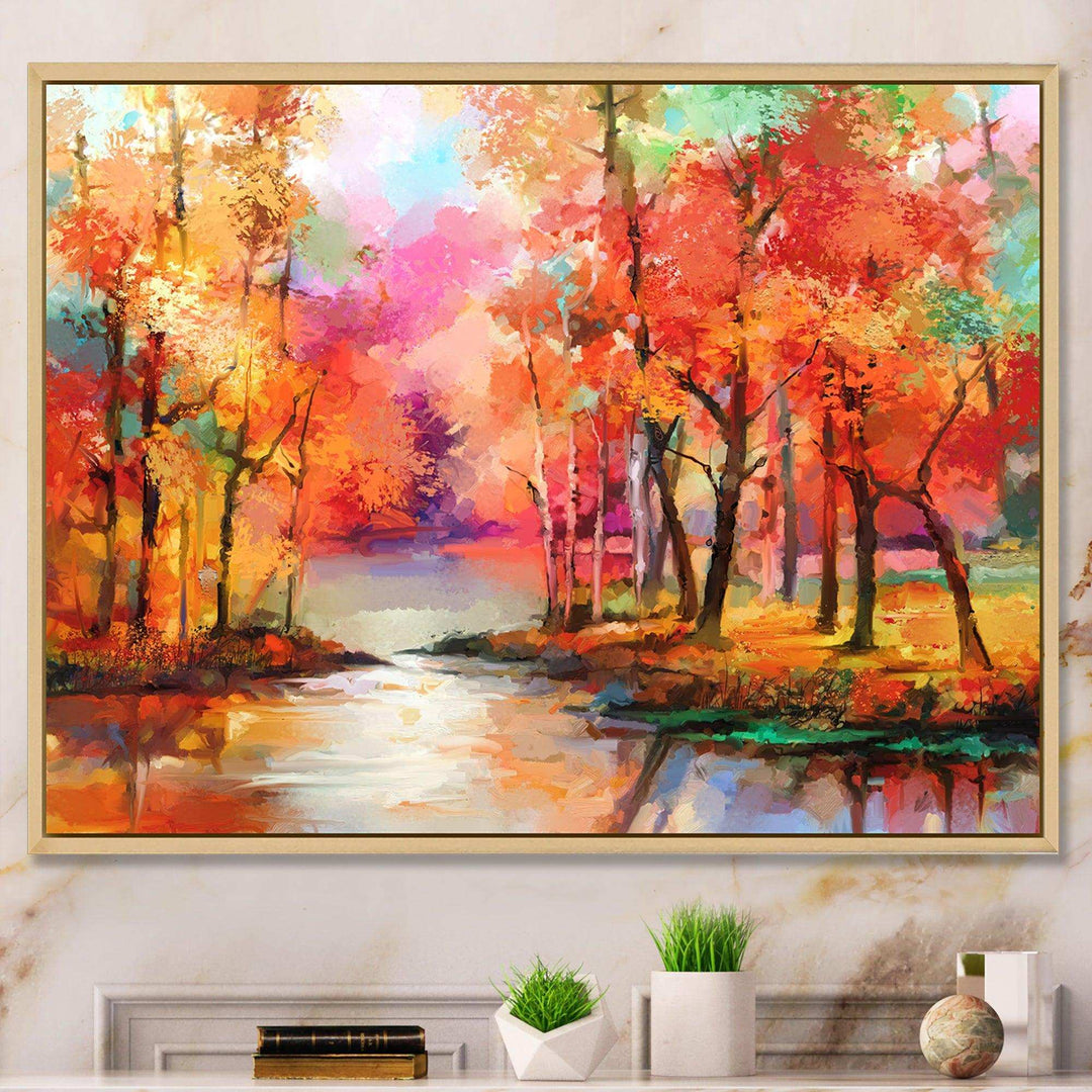 Autumn Aspen Trees In Red Leaf Forest By Lake - Modern Living Room Wall Decor