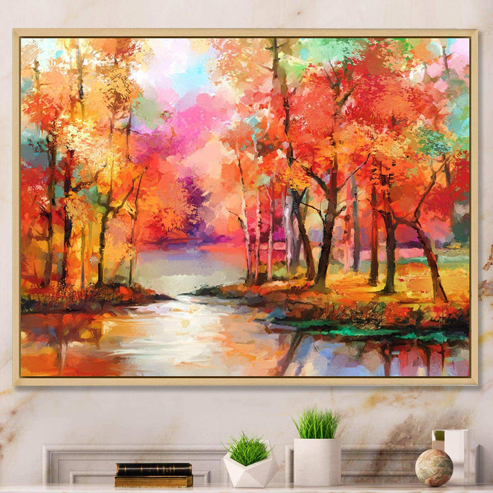Autumn Aspen Trees In Red Leaf Forest By Lake - Modern Living Room Wall Decor