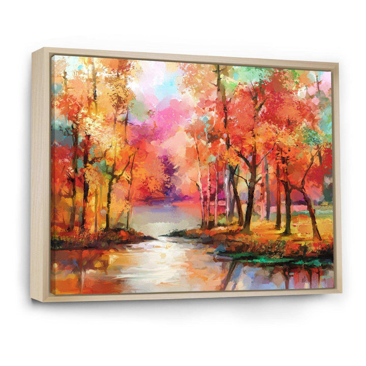 Autumn Aspen Trees In Red Leaf Forest By Lake - Modern Living Room Wall Decor