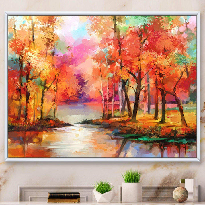 Autumn Aspen Trees In Red Leaf Forest By Lake - Modern Living Room Wall Decor