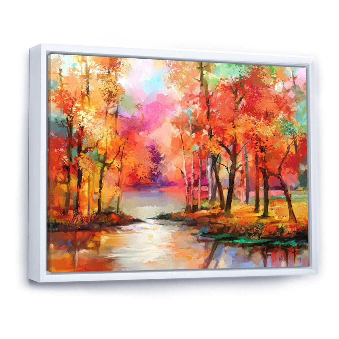 Autumn Aspen Trees In Red Leaf Forest By Lake - Modern Living Room Wall Decor