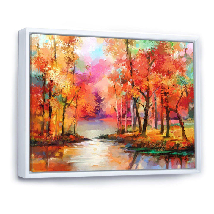 Autumn Aspen Trees In Red Leaf Forest By Lake - Modern Living Room Wall Decor