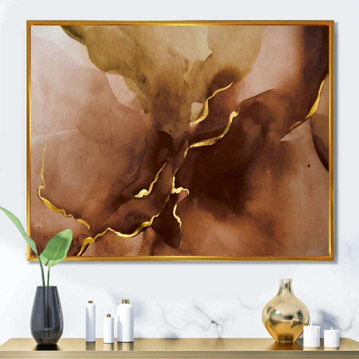 Hand Drawn Watercolor Brown Background With Gold - Modern Wall Art Prints