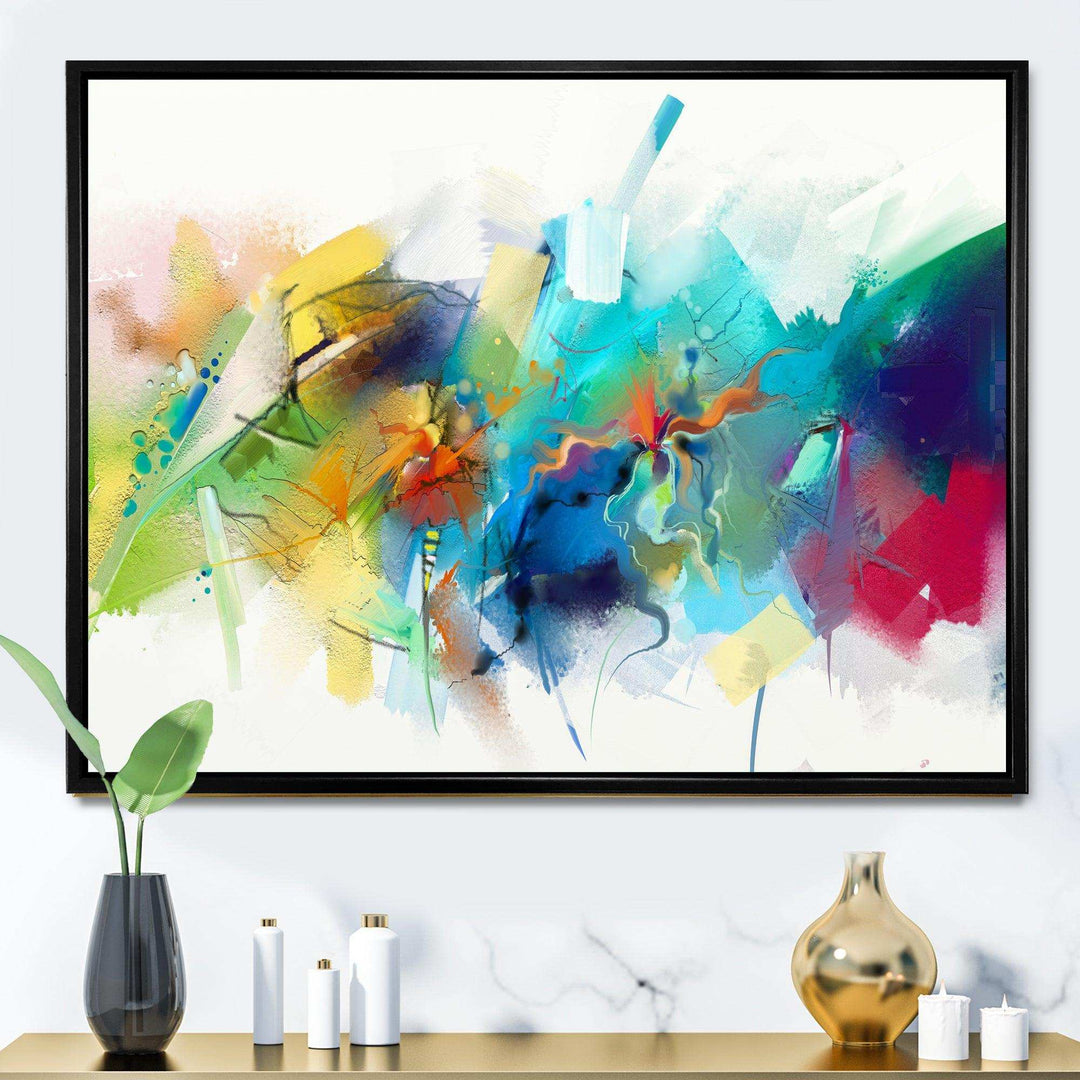 Turquoise Story With Touches Of Yellow And Red - Modern Bedroom Wall Art