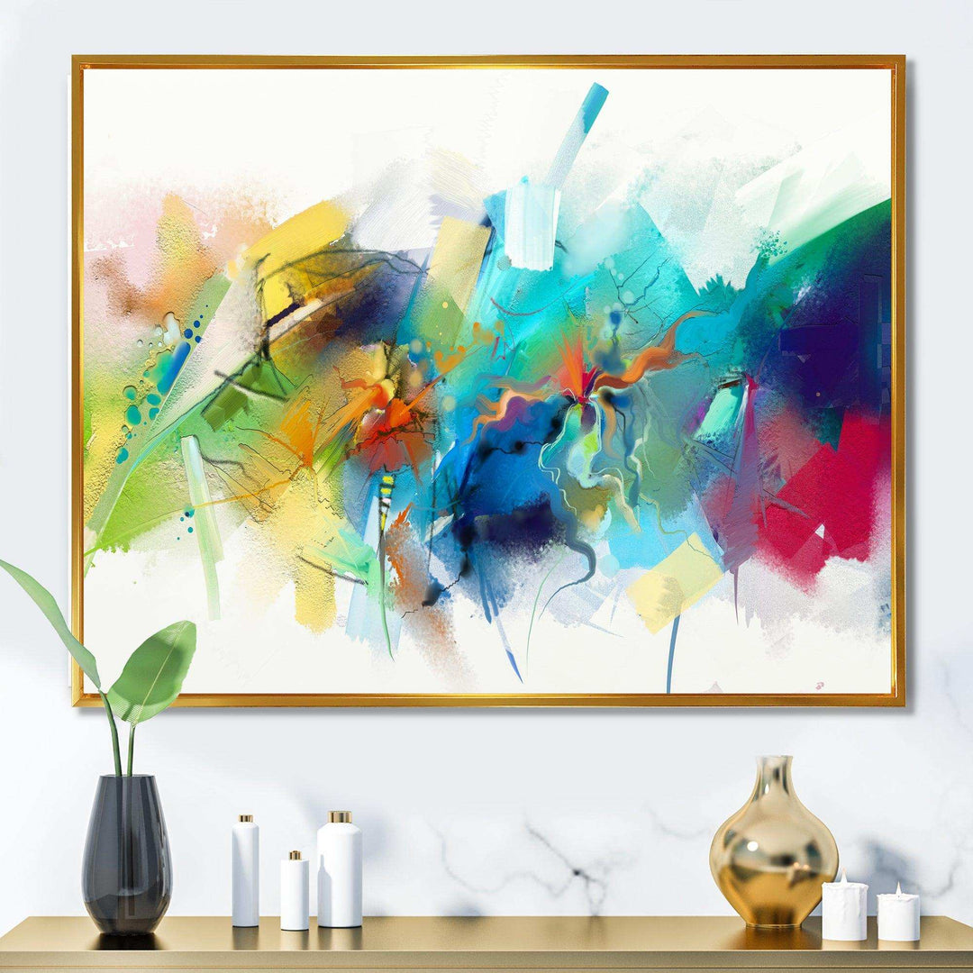 Turquoise Story With Touches Of Yellow And Red - Modern Bedroom Wall Art