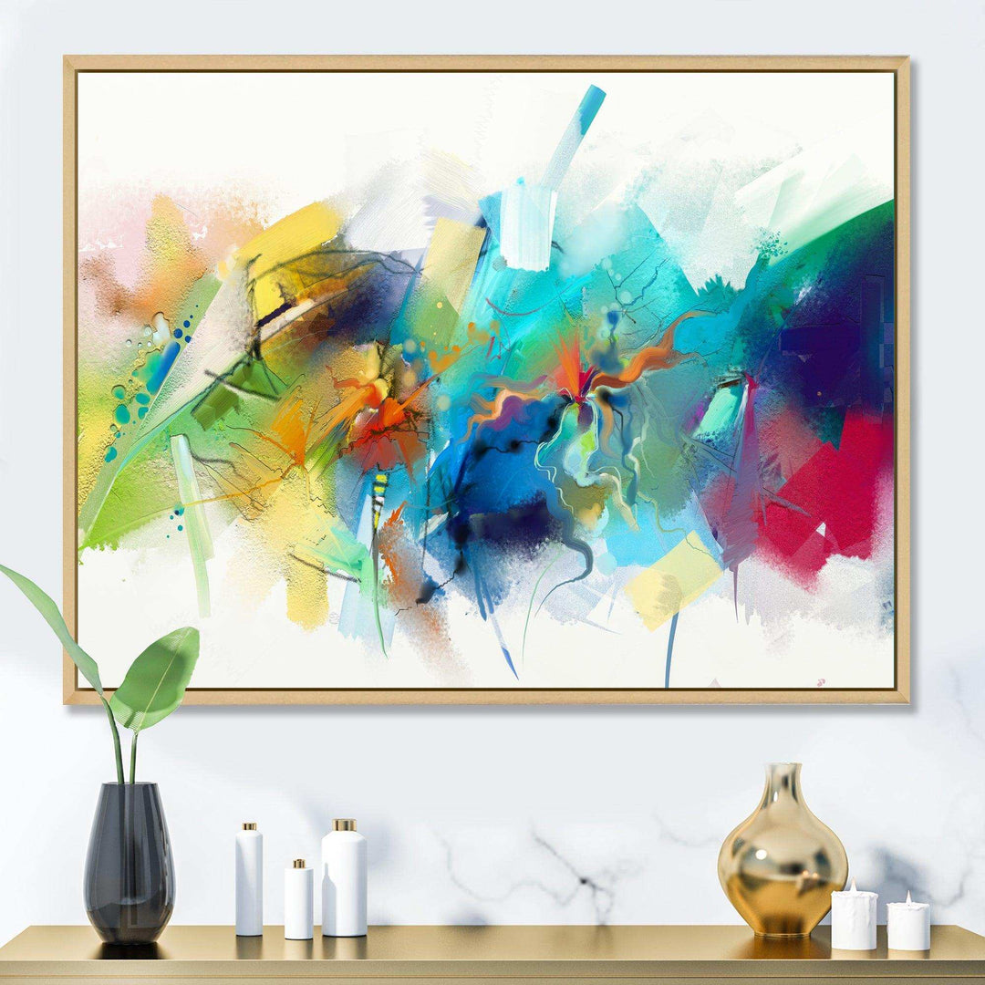 Turquoise Story With Touches Of Yellow And Red - Modern Bedroom Wall Art