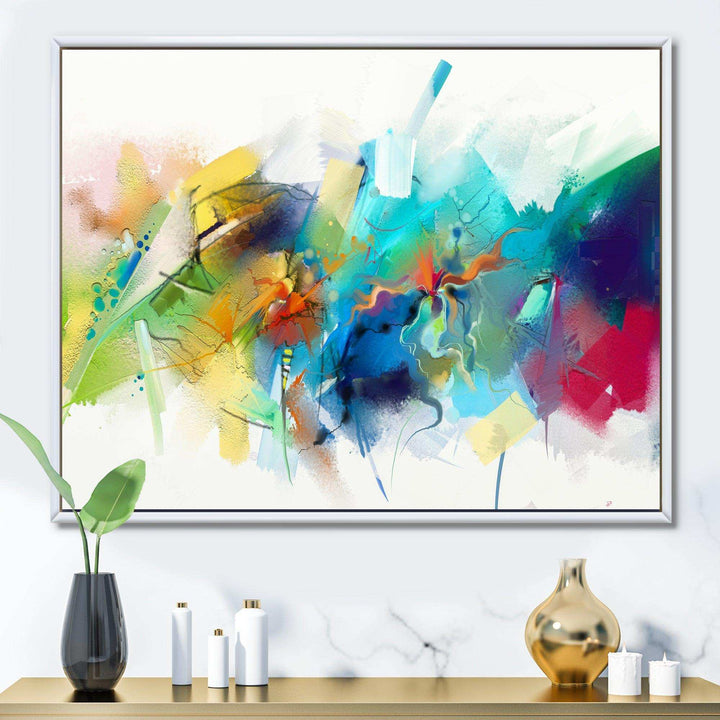 Turquoise Story With Touches Of Yellow And Red - Modern Bedroom Wall Art