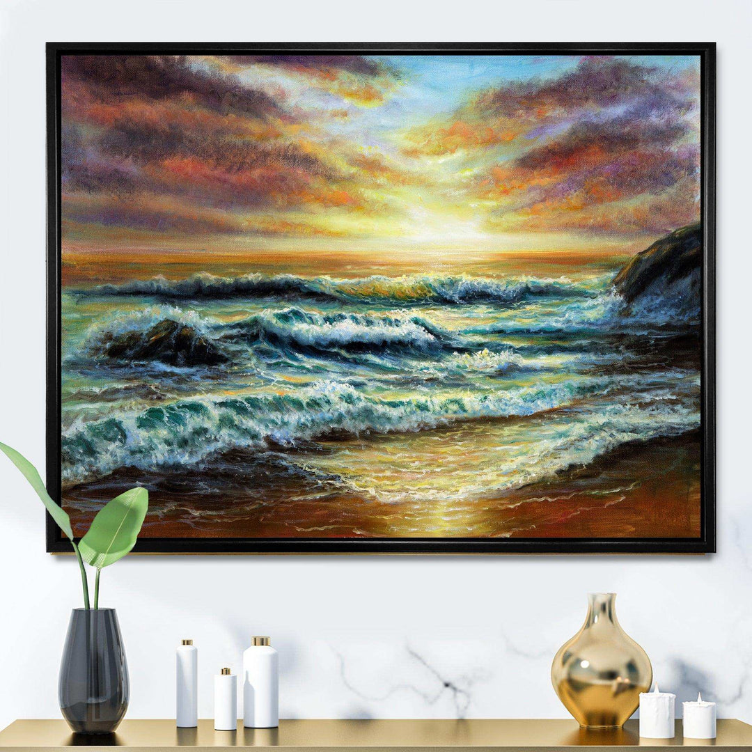 Magnificent Sunset Over Blue Wild Wave Ocean