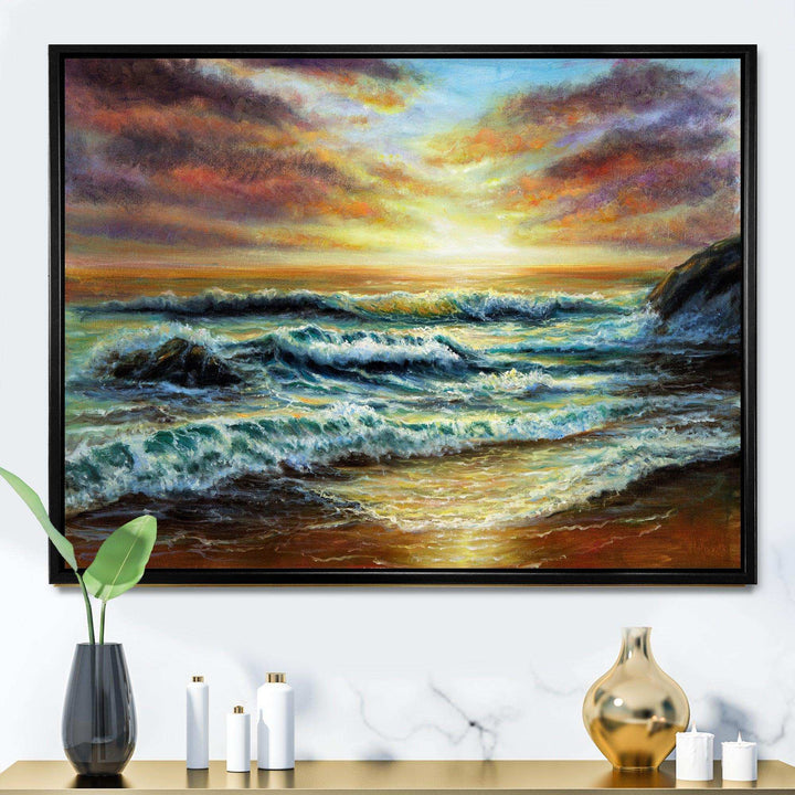 Magnificent Sunset Over Blue Wild Wave Ocean