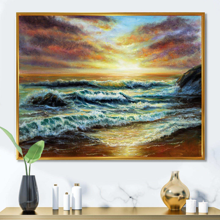 Magnificent Sunset Over Blue Wild Wave Ocean