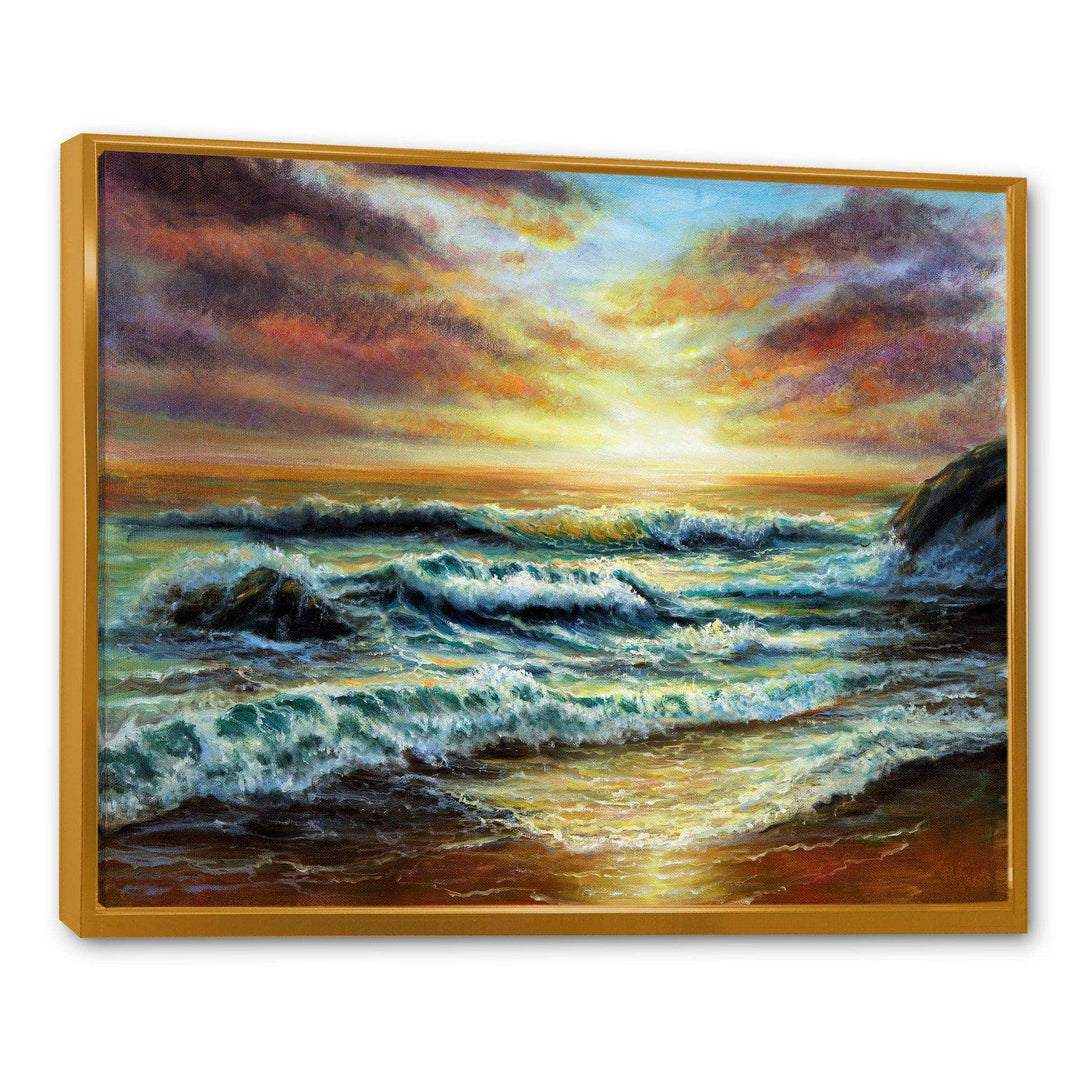 Magnificent Sunset Over Blue Wild Wave Ocean