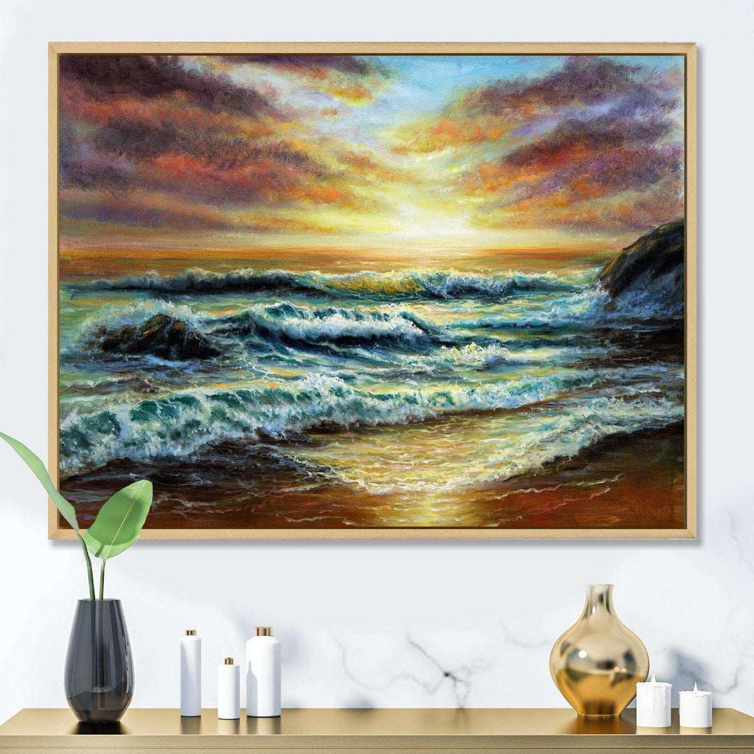 Magnificent Sunset Over Blue Wild Wave Ocean