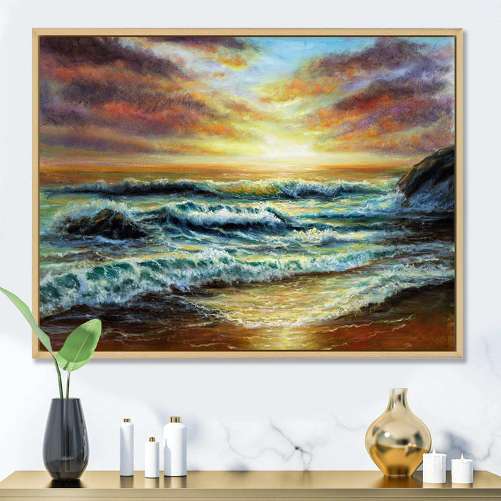 Magnificent Sunset Over Blue Wild Wave Ocean