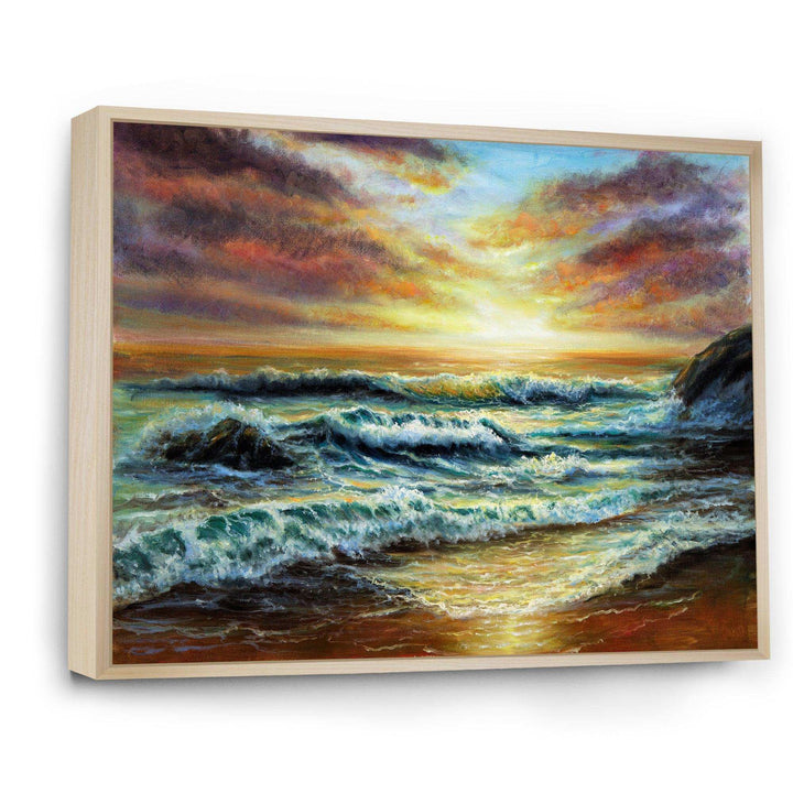 Magnificent Sunset Over Blue Wild Wave Ocean