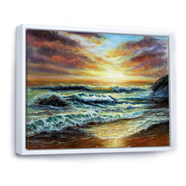 Magnificent Sunset Over Blue Wild Wave Ocean